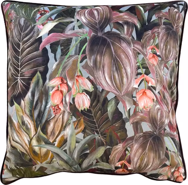 Mogori Wild Medinilla Piped Velvet Cushion in Purple and Multicolour Floral Polyester
