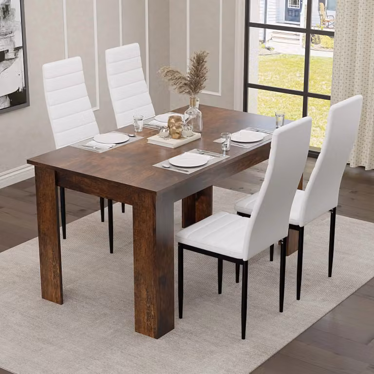 DHS Rustic Rectangular Dining Table and 4 Chairs Set in White