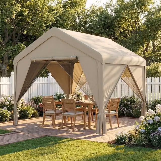 Outsunny Gable Patio Gazebo with Netting and Curtains, Beige/Brown, W: 300 cm, D: 300 cm, H: 300 cm