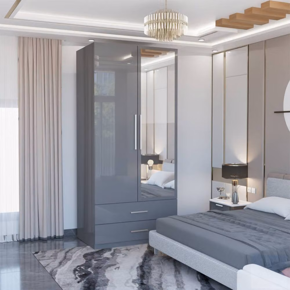 MN Furniture Modern High Gloss Mirrored Wardrobe with Drawers in Grey, W/D/H: 80 x 50 x 200 cm – 2