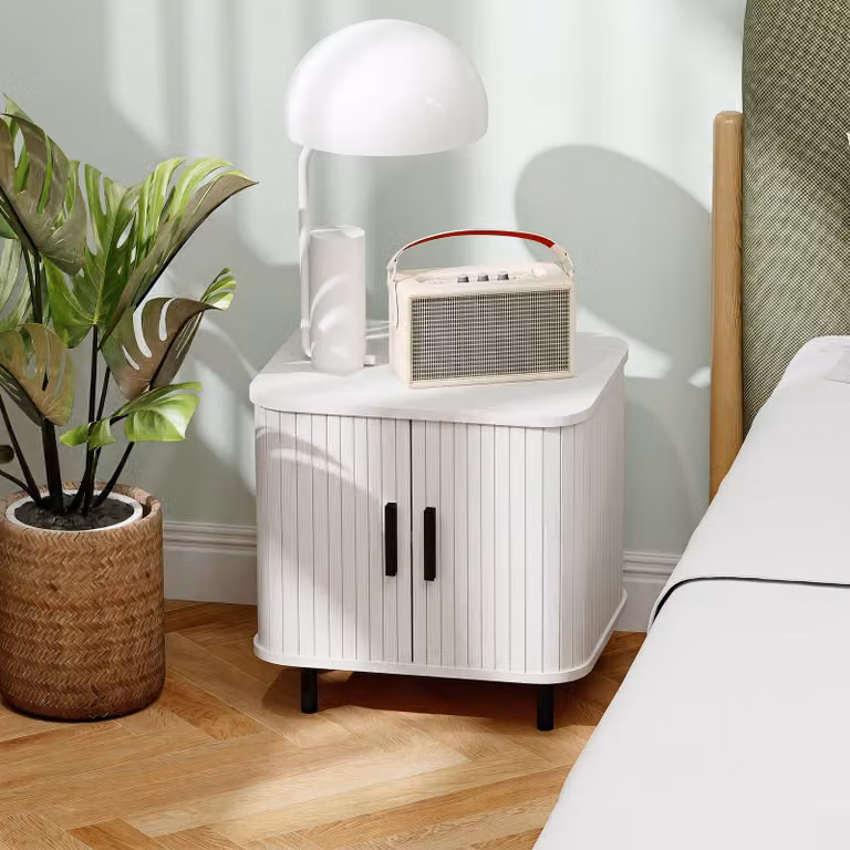 HOMCOM Scandinavian Style Nightstand with Sliding Doors and Metal Legs in White Wood Effect