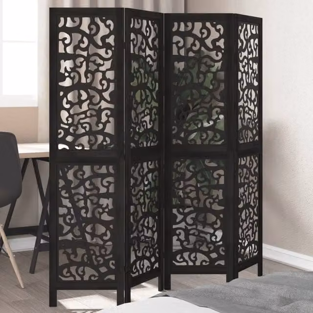 Berkfield Home 4-Panel Black Solid Paulownia Wood Room Divider – 1