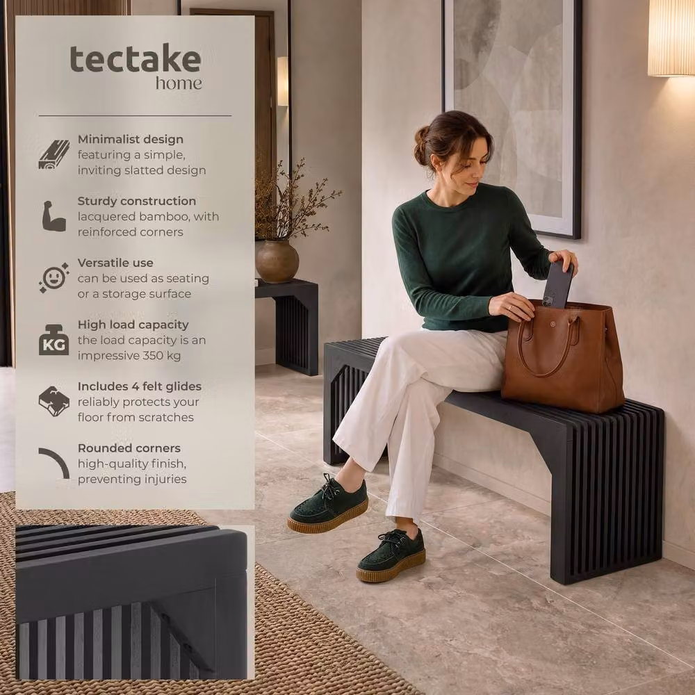 tectake Ribb XL Slatted Stool or Bench in Black with Bamboo Wood Design – 2