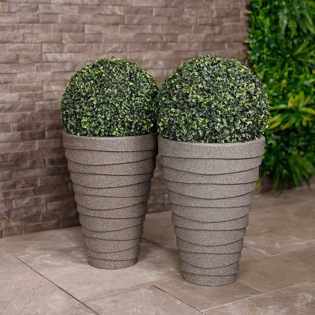 Charles Bentley Set of 2 Trojan Round Charcoal Plastic Planters, Grey, W/D/H: 38 x 38 x 56 cm