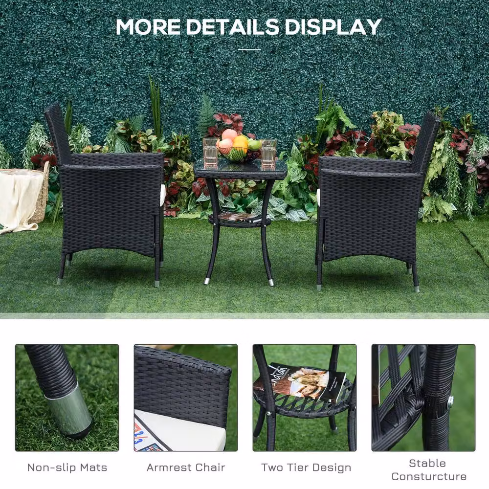 ERGOVEXA 3 Piece Rattan Bistro Set with Cushions in Black – 7