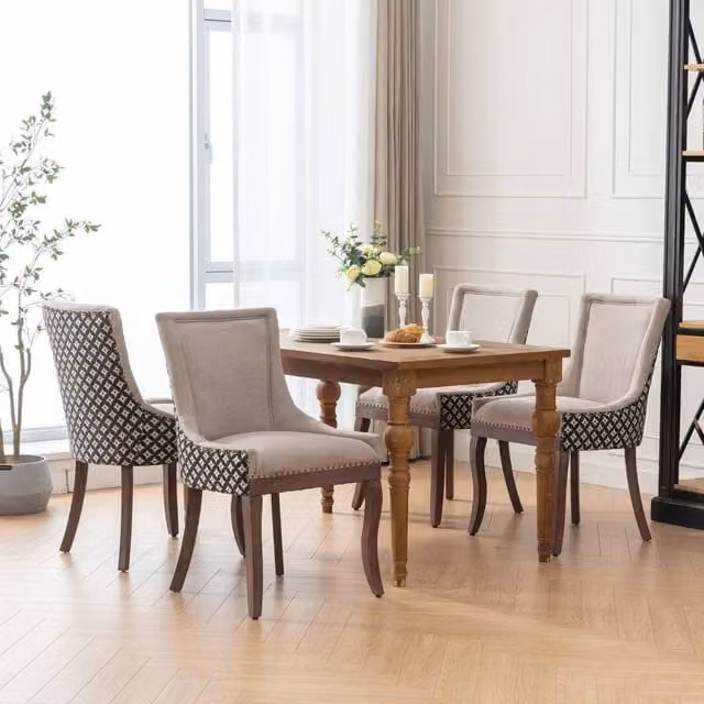 Modern Home Touch Bewley Set of 4 Vintage Linen Upholstered Kitchen Dining Chairs with Oak Wood Legs in Beige