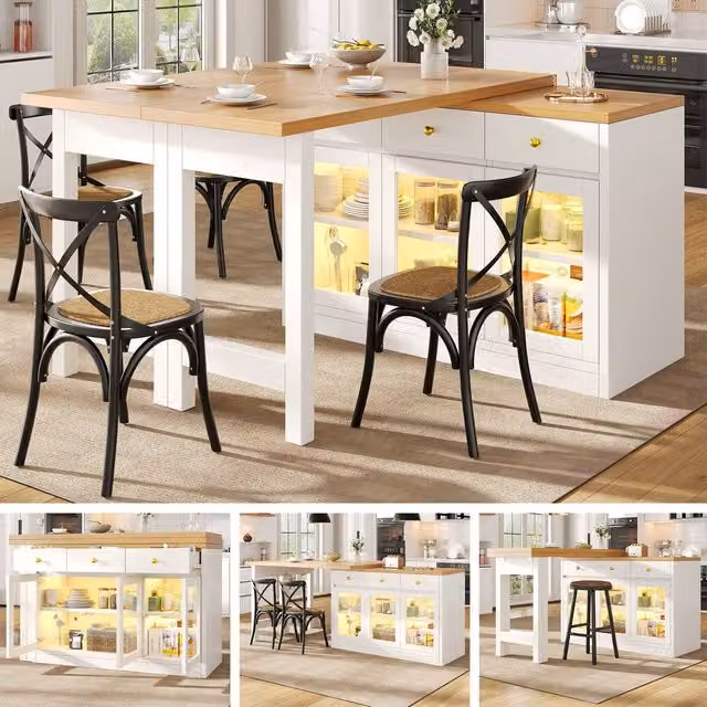 Rolipo Extendable Kitchen Island with LED Lights and Storage, White – 1