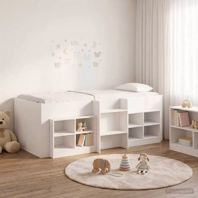 Berkfield Home Loft Bed Frame with Cabinet and Side Compartments in White Engineered Wood – 1
