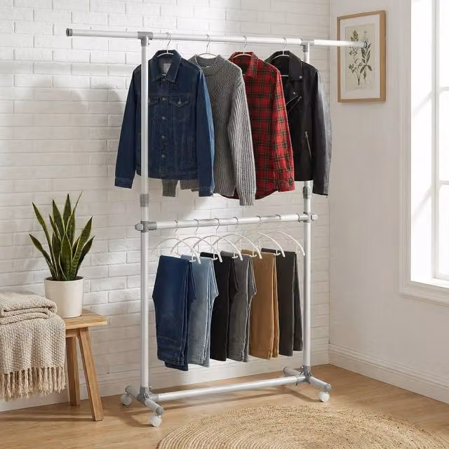 SONGMICS Double Clothes Rail with Extendable Top Rail, White Metal Clothing Rack