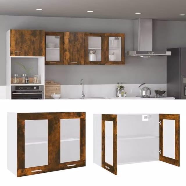 Berkfield Home Smoked Oak Hanging Glass Cabinet, Brown, W/D/H: 80 x 31 x 60 cm