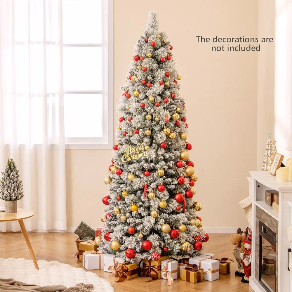 Gymax 210 cm Pre-Lit Snow Flocked Artificial Christmas Tree in White – 3