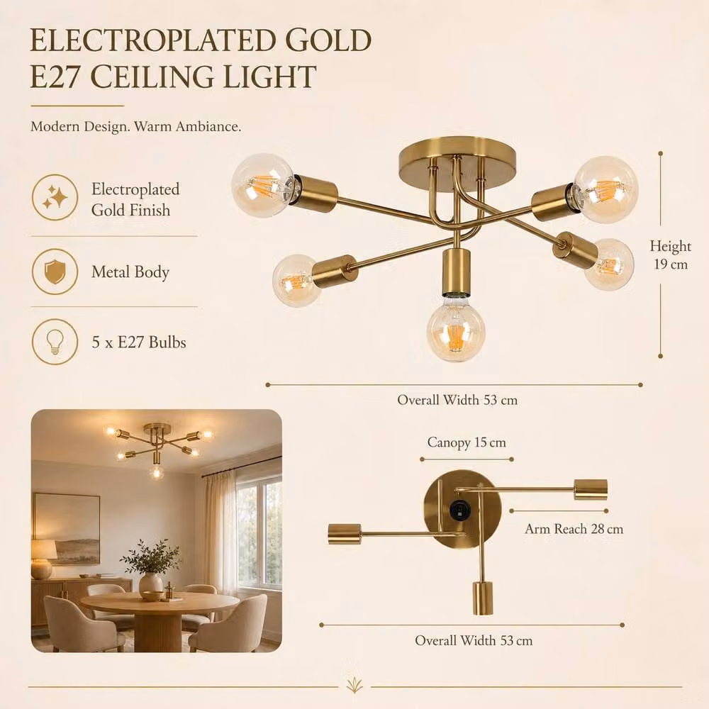 Goeco Vintage Gold Ceiling Light, Adjustable Retro Metal Chandelier for Living Rooms – 2