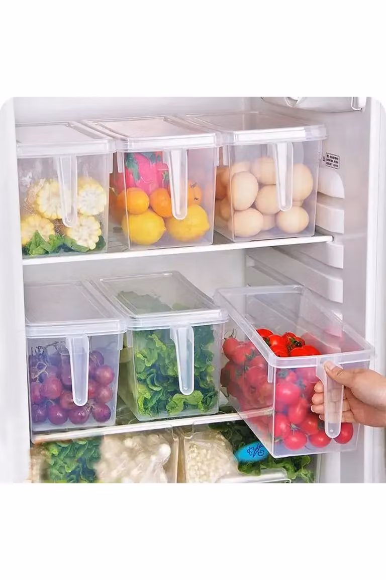 Living and Home 4-Piece Stackable Sealed Fridge Organiser Box Set with Lids and Handles in Transparent Plastic