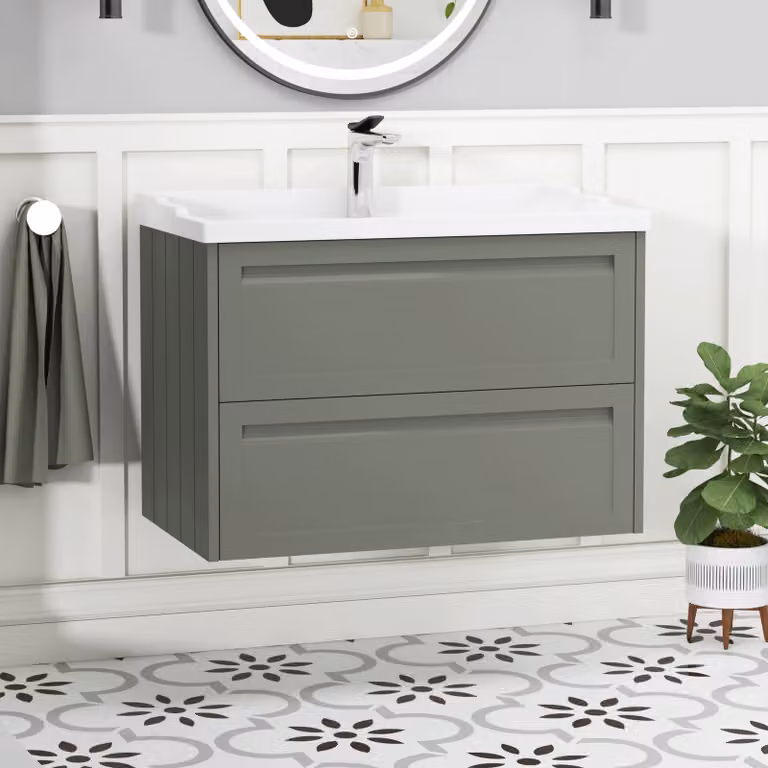 Royal Bathrooms Elmore 800mm Traditional Wall Hung 2 Drawer Vanity Unit in Matt Green with Ceramic Basin