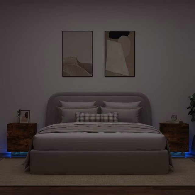 Berkfield Home Set of 2 Modern Smoked Oak Bedside Cabinets with Integrated LED Lights in Brown