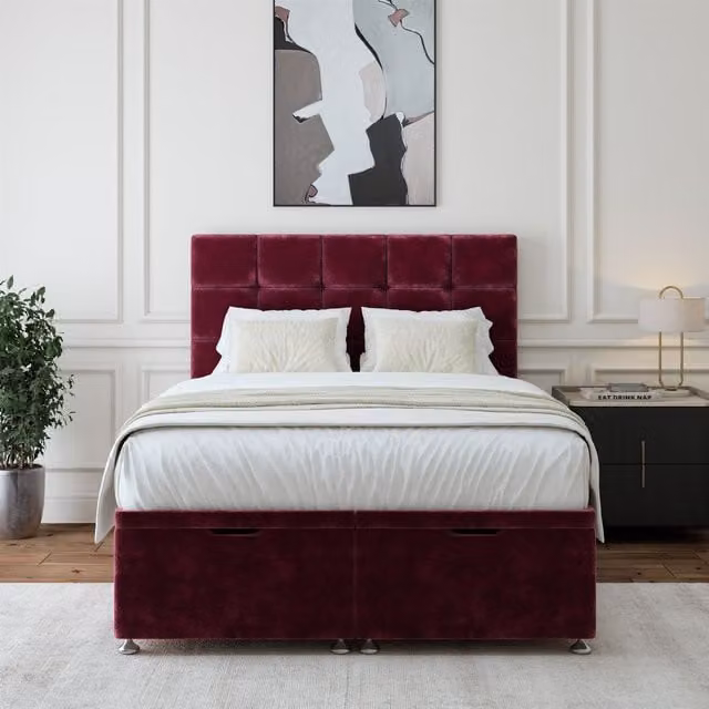Bedmaster King Size Upholstered Ottoman Divan Base and Square Headboard in Purple Velvet Fabric, W/D/H: 180 x 200 cm – 1