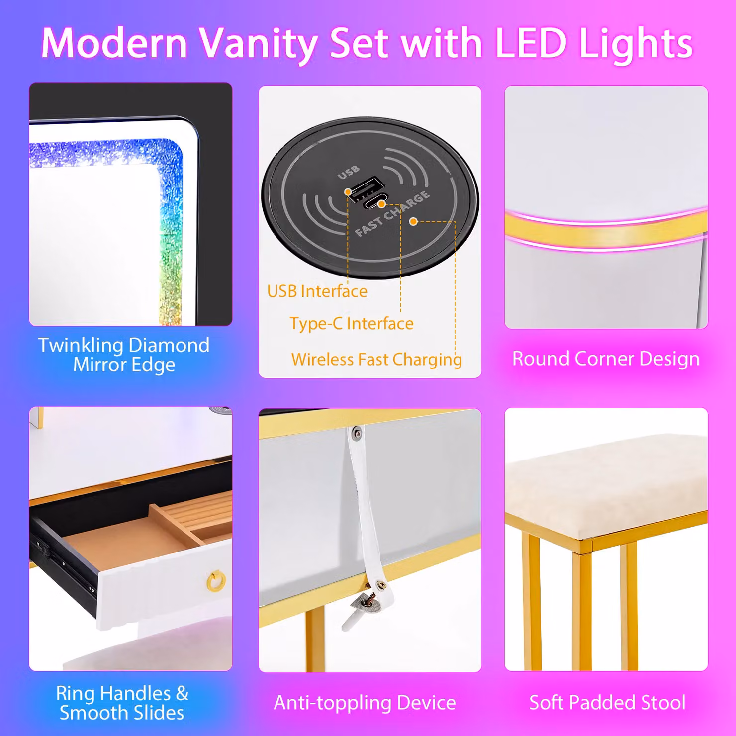 Costway RGB Hollywood LED Vanity Table Set with Mirror and Lights in White – 2