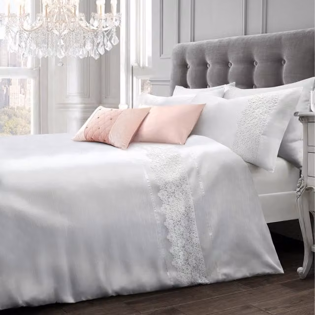 Intimates Nouvelle Luxury Faux Silk Lace Duvet Cover and Pillowcase Set, White, W: 180 cm x L: 200 cm