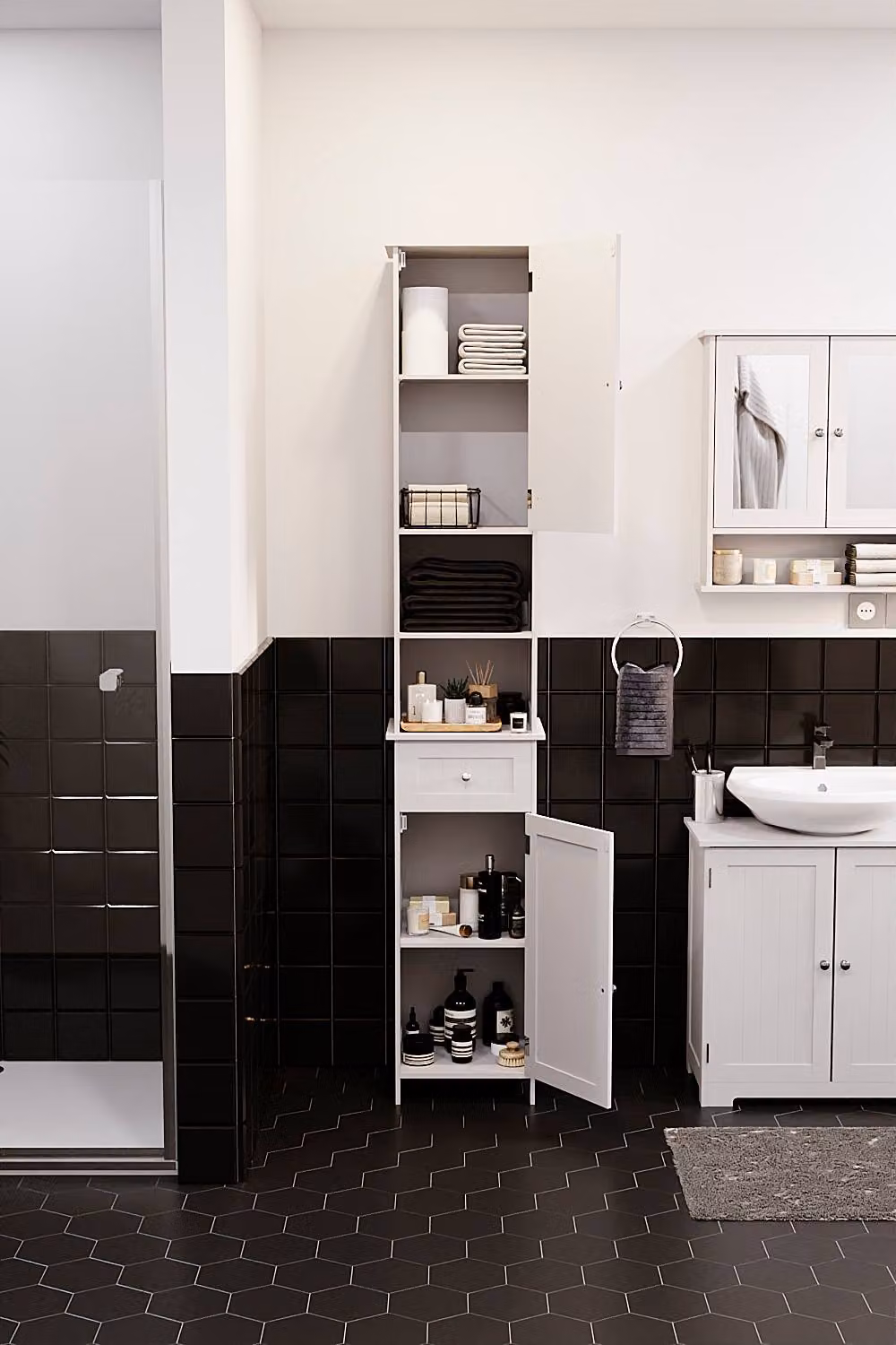 HD Designs Priano White Mirrored Bathroom Tall Cabinet with 2 Doors, 1 Drawer and Internal Shelves, H: 190 cm, W: 35 cm – 6