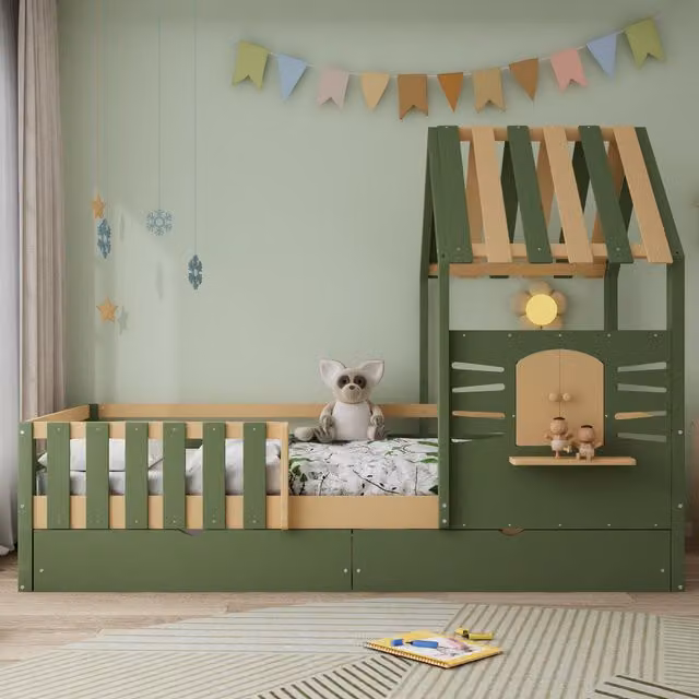 Aosom UK Childrens Wooden Single Bed with Faux Roof Design, 2 Storage Drawers and Safety Guardrail, Green and Natural, L: 197.5 cm, W: 97 cm, H: 166 cm – 1