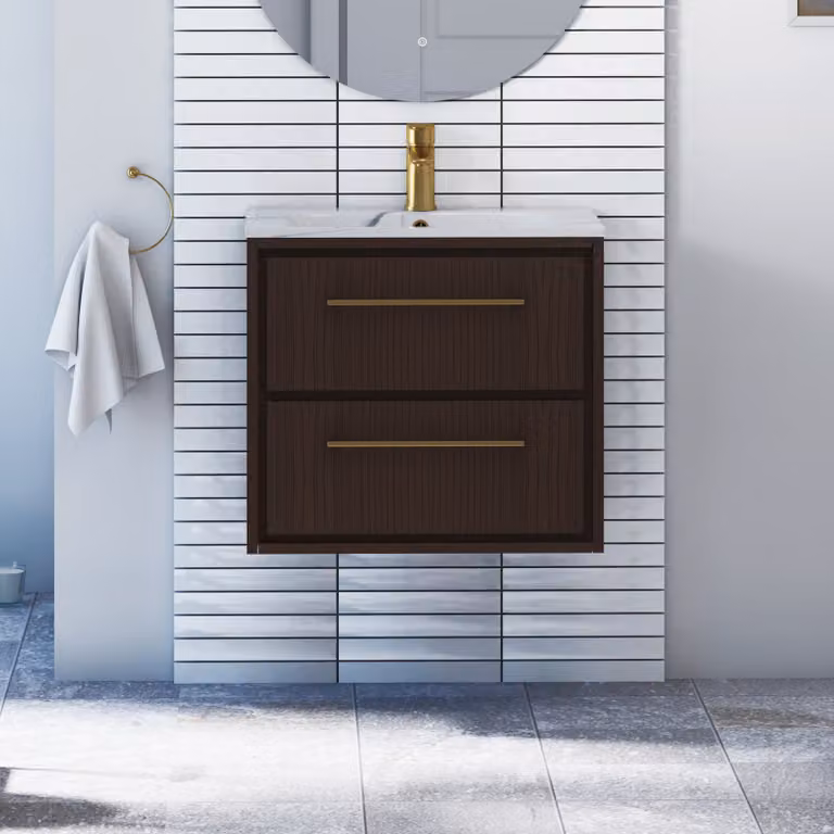 Royal Bathrooms Livora 600mm Walnut Woodgrain Wall Hung 2 Drawer Vanity Unit with Carrara White Basin and Brushed Brass Handle