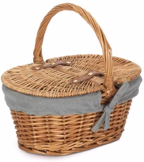 Red Hamper Wicker Childrens Oval Picnic Basket with Lid in Grey and Red with Cotton Lining