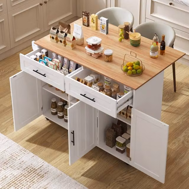 Matteo White and Natural Modern Kitchen Island with Foldable Top, Storage and Wheels – 1