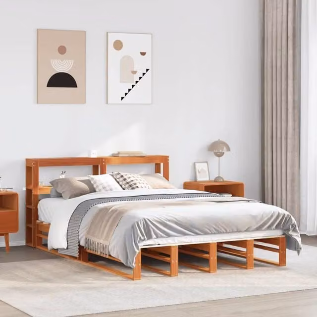 Berkfield Home King Size Solid Wood Pine Bed Frame in Wax Brown, W/D/H: 150 x 200 cm