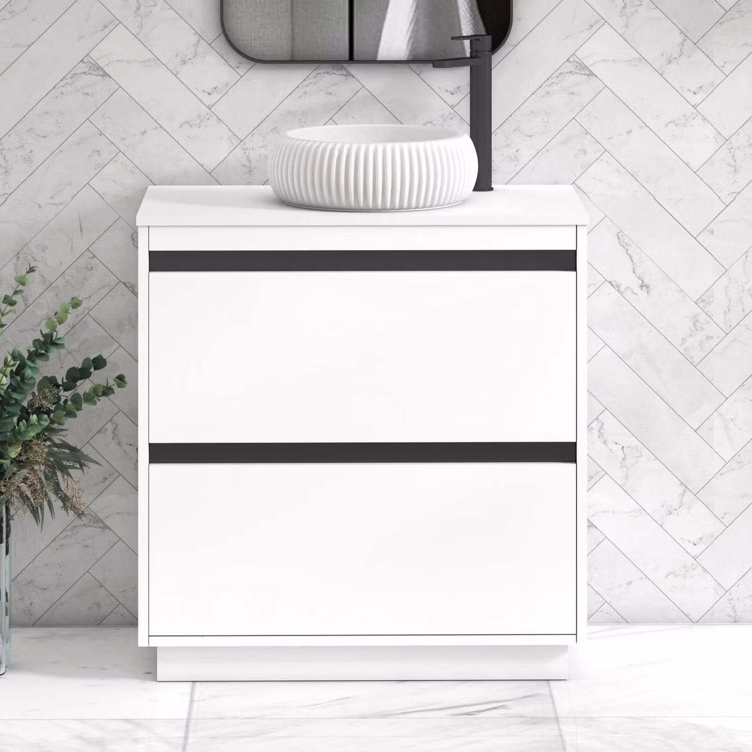 Royal Bathrooms Orion 800mm Matt White Floor Standing 2 Drawer Vanity Unit with Milan Basin and Black Accent Trim