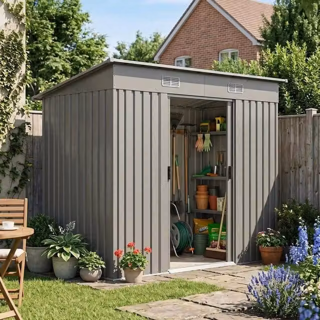 NESTLUNE Metal Garden Shed with Pent Roof in Grey, W: 120 cm, D: 100 cm, H: 182 cm