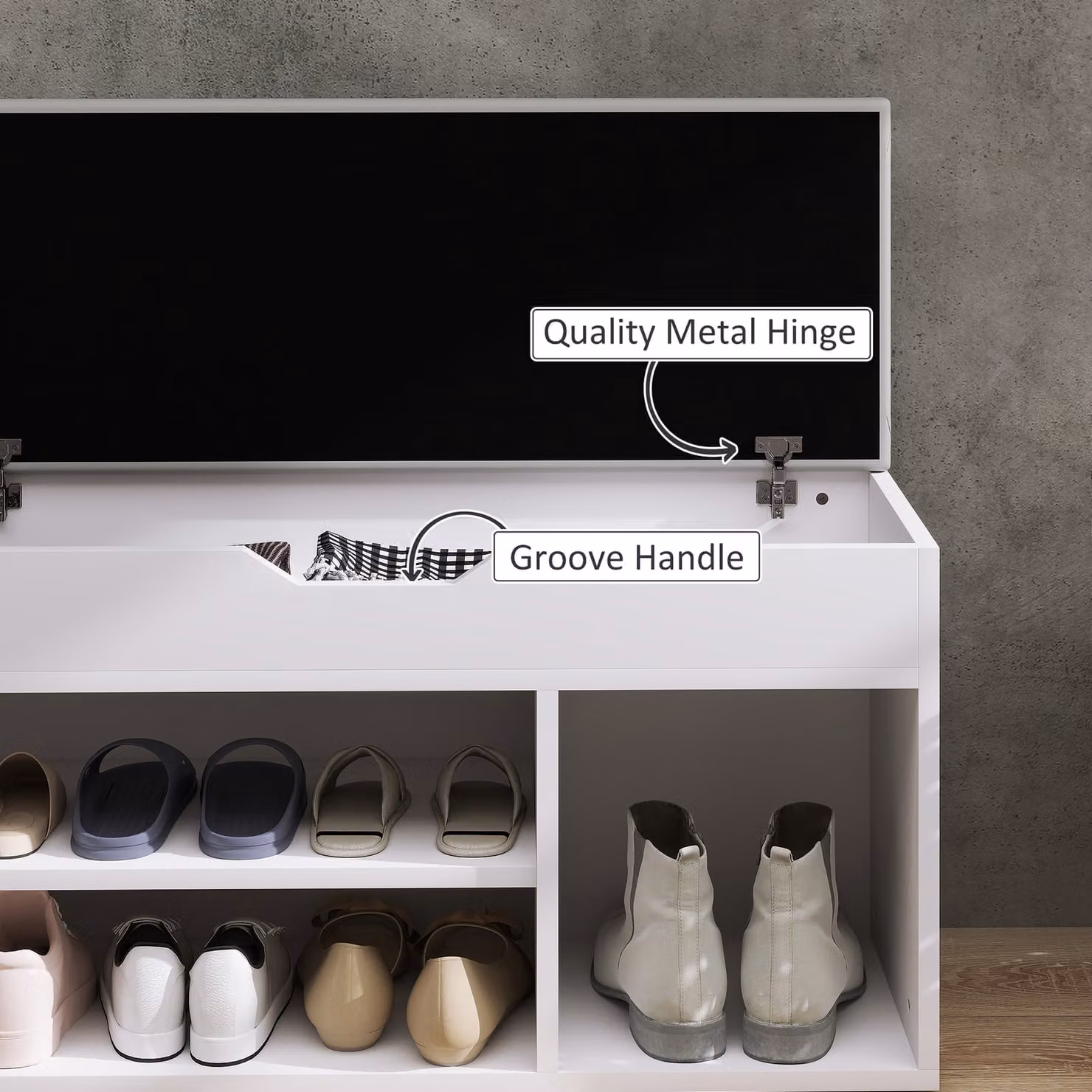 HOMCOM Shoe Cabinet Bench with Padded Synthetic Leather Seat and Hidden Storage in White – 3
