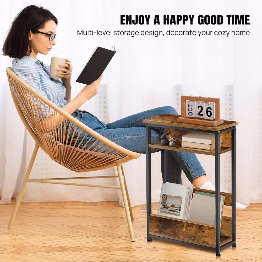 EONLION Type B 3 Tier Narrow Industrial Side Table and Bedside Table in Brown and Black, H: 100 cm, W: 63.8 cm, D: 45 cm – 3
