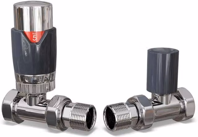 UK Radiators Talus Flair Chrome Thermostatic Radiator Valve and Lockshield Straight Set in Anthracite