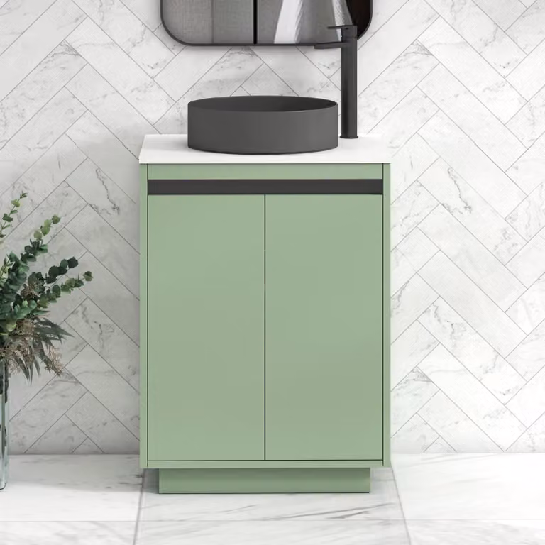 Royal Bathrooms Orion 600mm Mint Sage Floor Standing 2 Door Vanity Unit with Art Round Basin and Black Accent Trim