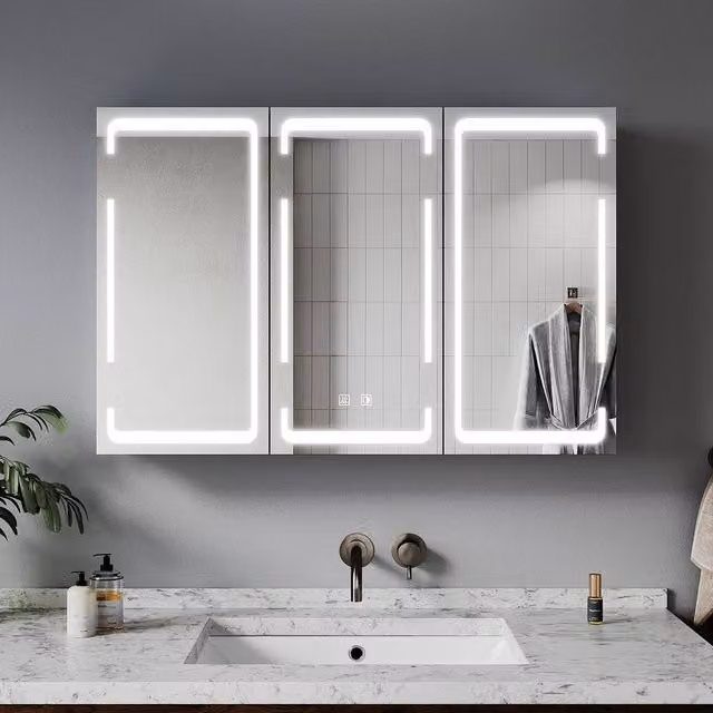 FLAVORA White Glossy Bathroom Mirror Cabinet with LED Lighting, Shaver Socket and Soft Close Glass Doors