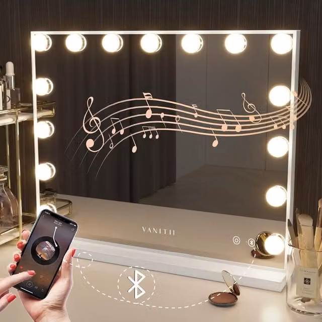 VANITII Mary Hollywood Bluetooth Vanity Makeup Mirror with 15 Dimmable LED Bulbs, White Metal