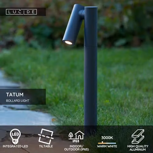Lucide Tatum Modern Adjustable LED Outdoor Bollard Light, IP65, Black or Anthracite Grey, Warm White – 2