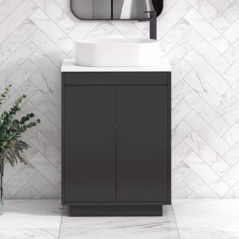 Royal Bathrooms Orion 600mm Matt Obsidian Black and Plain White 2 Door Floor Standing Vanity Unit with Peak Basin and Black Accent Trim