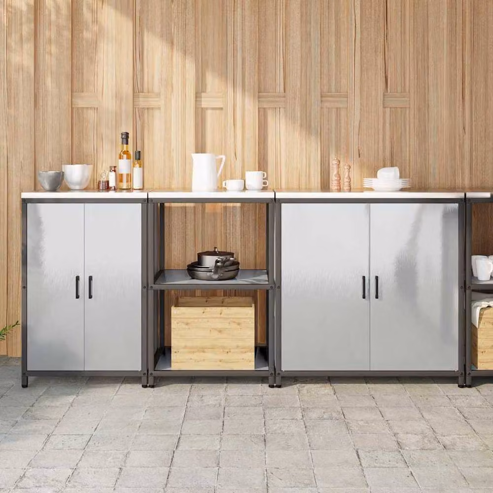 Berkfield Home Modern 3-Piece Kitchen Storage Unit with Open Shelves and Hinged Doors in Silver Stainless Steel – 2