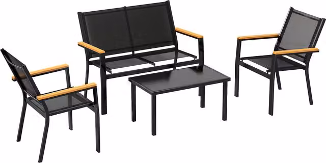 Outsunny 4 Seater Outdoor Garden Sofa Set in Black with Loveseat, 2 Chairs, Coffee Table and Upholstered Cushions