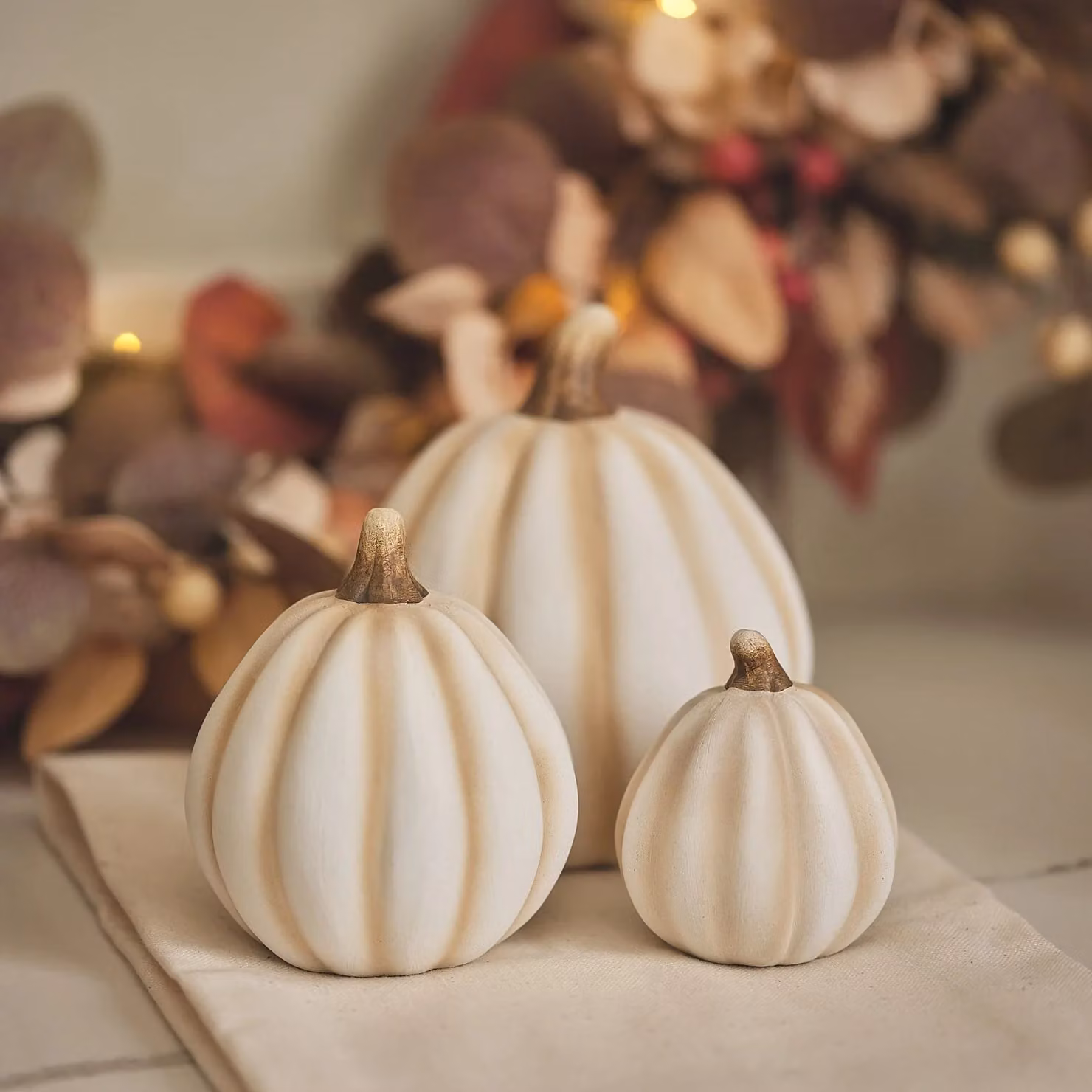 Lights4fun Set of 3 White Porcelain Pumpkin Tabletop Decorations – 1