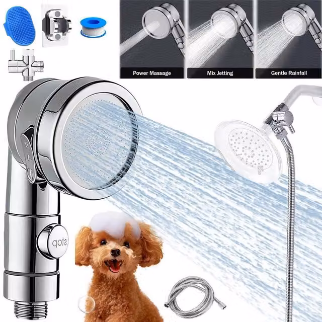 Kelvenix Hand Held Shower Head and Hose Set in Silver Chrome Stainless Steel, Hose Length: 2 m