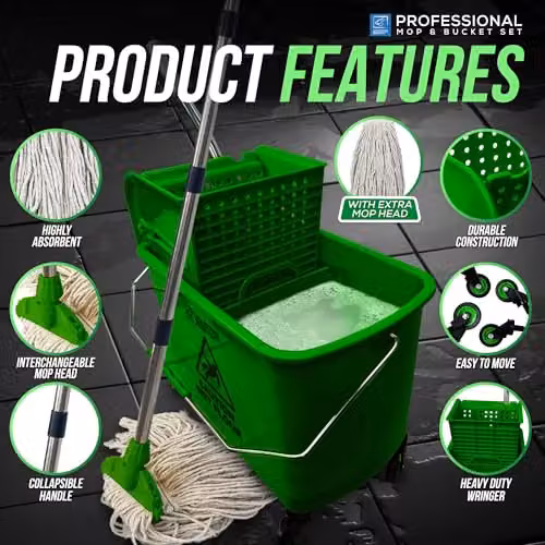 TDBS Kentucky Professional Floor Mop and Bucket Set with Wringer and Refillable Head, Green and Yellow – 5
