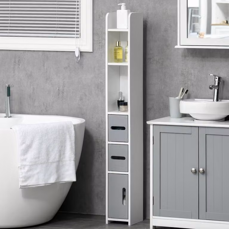 Kleankin Freestanding Tall Bathroom Storage Linen Tower Cabinet in Grey