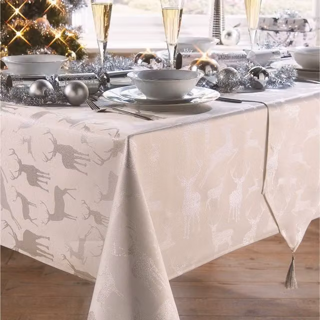 Bellissimo Silver Festive Christmas Damask Polyester Rectangular Tablecloth, W: 132.08 cm, L: 177.8 cm