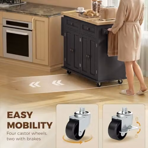HOMCOM Black Kitchen Island on Wheels with Rubberwood Top and Spice Rack, W/D/H: 82.5 x 44.5 x 111 cm – 5