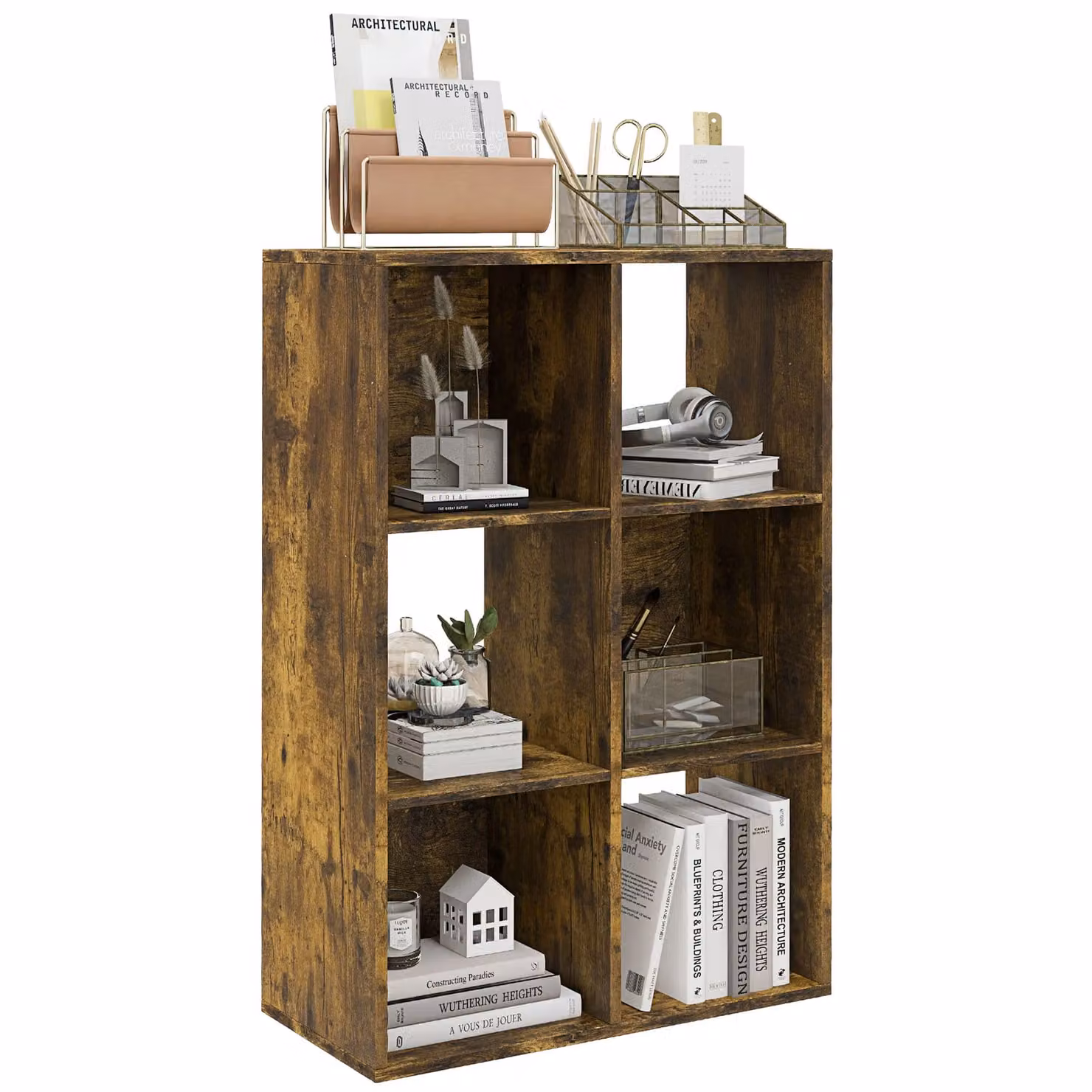 HOMCOM 6-Cube Freestanding Bookshelf and Display Shelving Unit in Rustic Brown – 2