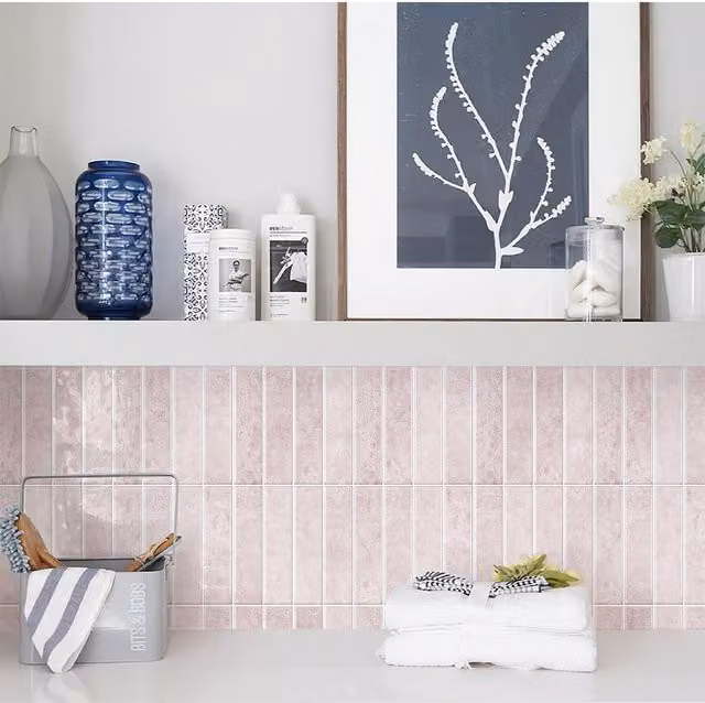 Livingandhome Set of 10 Self-Adhesive Striped Rectangular Wall Tile Stickers in Pink