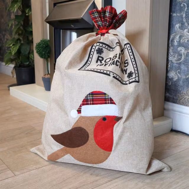 Shatchi Large Robin Santa Sack in Multicolour Burlap Hessian Linen, W/D/H: 70 x 50 x 50 cm – 10