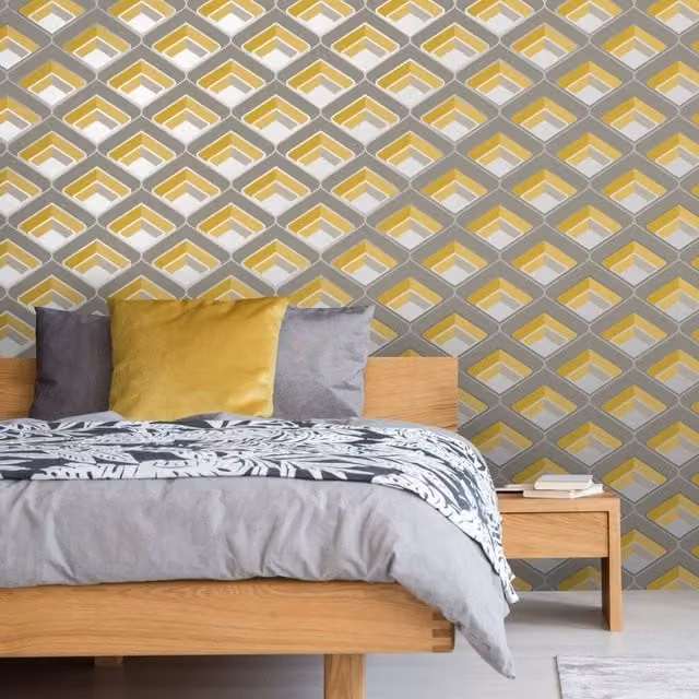 I Love Wallpaper Retro Geometric Abstract 3D Effect Wallpaper in Yellow and Grey
